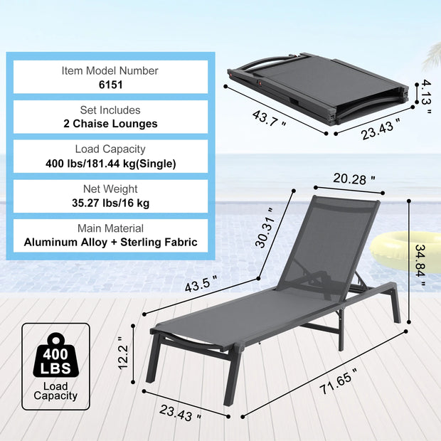 Outdoor Loungestoel - Opvouwbare Ligstoel - Loungestoel Tuin - Zonnebank - Terras en Zwembad Lounge - Verstelbare Rugleuning - Tuin Opvouwbare Stoel - Donkergrijs