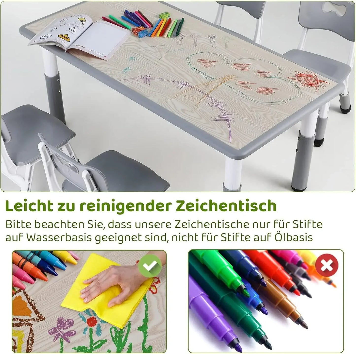 Kindertafeltje met 4 Stoelen – Kindermeubelset – Speeltafel – Tafel en Stoelen – Kinderzitje – Verstelbare Hoogte – Duurzaam HDPE Kunststof – Maximale Belastbaarheid 100 kg - Grijs - QUORE