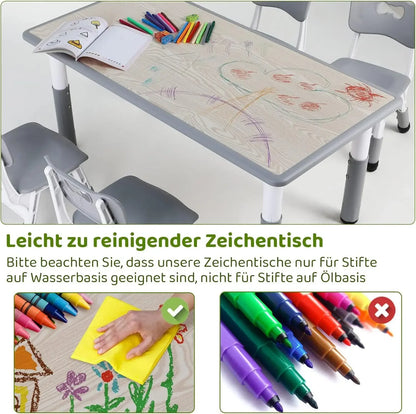 Kindertafeltje met 4 Stoelen – Kindermeubelset – Speeltafel – Tafel en Stoelen – Kinderzitje – Verstelbare Hoogte – Duurzaam HDPE Kunststof – Maximale Belastbaarheid 100 kg - Grijs - QUORE