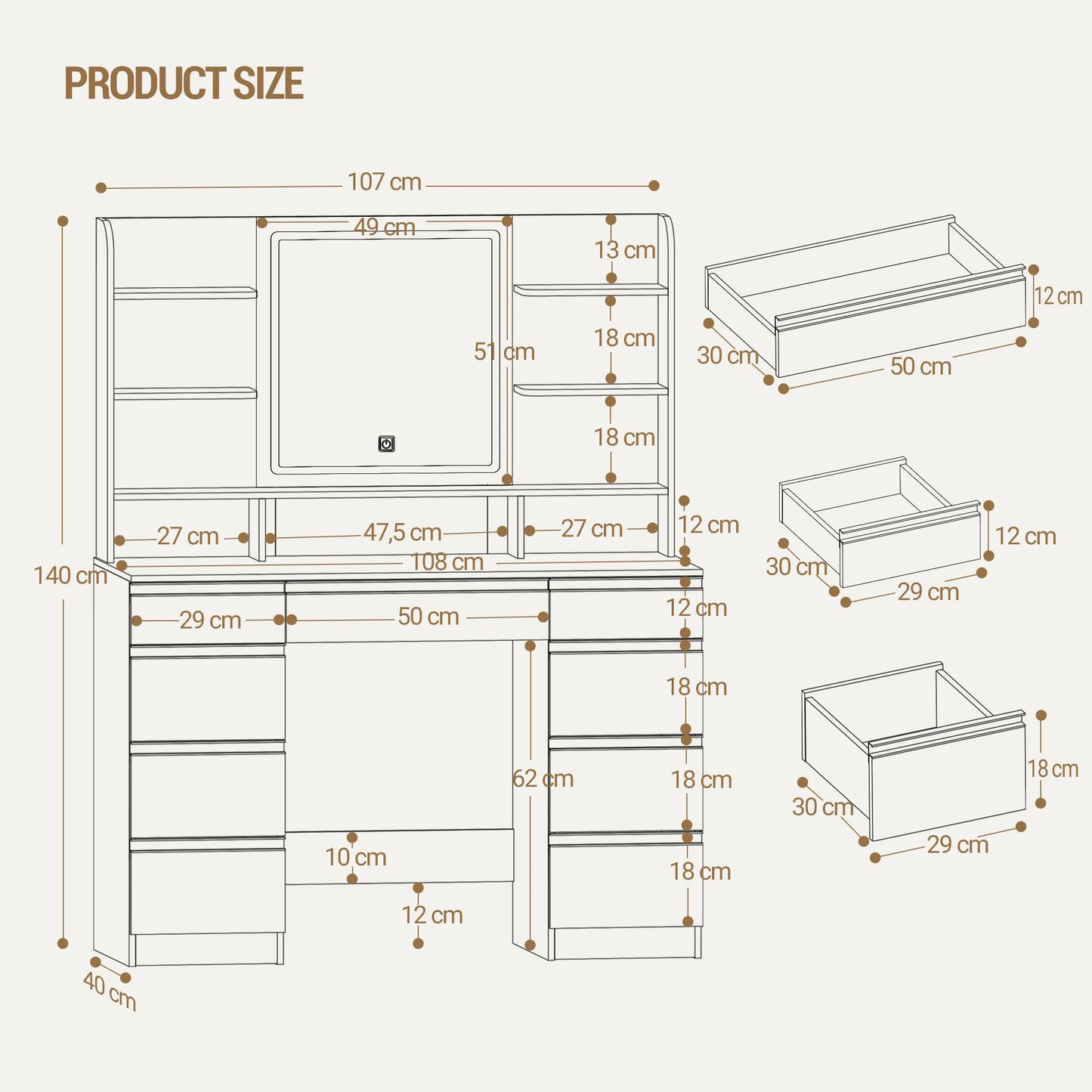 Make-up Tafel – Kaptafel – Visagietafel – Schminktisch – Make-up Bureau – Wit – 9 Lades & 9 Open Vakjes – Verstelbare LED Verlichting met 3 Kleuren - QUORE