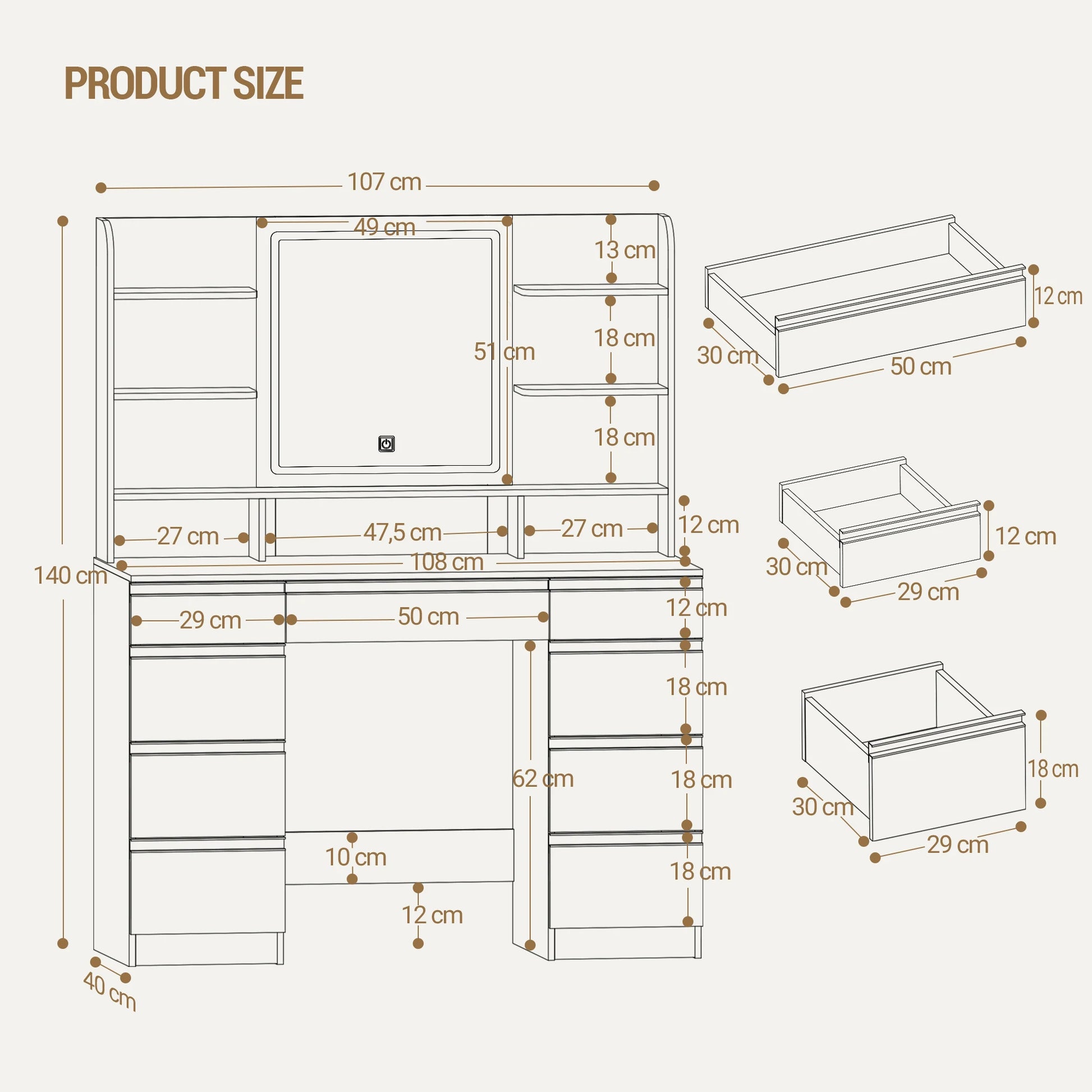 Make-up Tafel – Kaptafel – Visagietafel – Schminktisch – Make-up Bureau – Wit – 9 Lades & 9 Open Vakjes – Verstelbare LED Verlichting met 3 Kleuren - QUORE