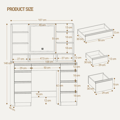 Make-up Tafel – Kaptafel – Visagietafel – Schminktisch – Make-up Bureau – Wit – 9 Lades & 9 Open Vakjes – Verstelbare LED Verlichting met 3 Kleuren - QUORE