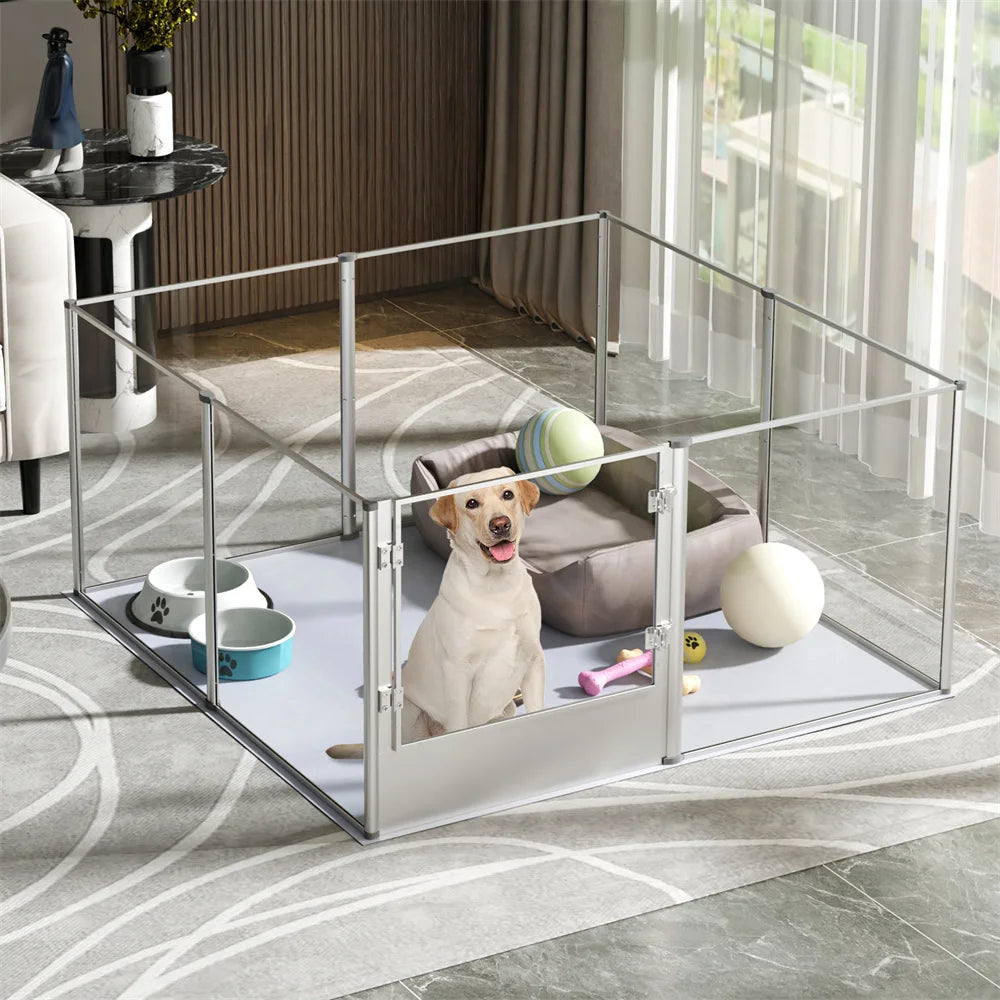 Hondenbox – Puppybench – Hondenren – Whelpbox – Huisdierenbox – Sterk Acryl – Waterdicht Kussen - 132 x 132 x 80.5 cm - 8 Panelen - Zilver