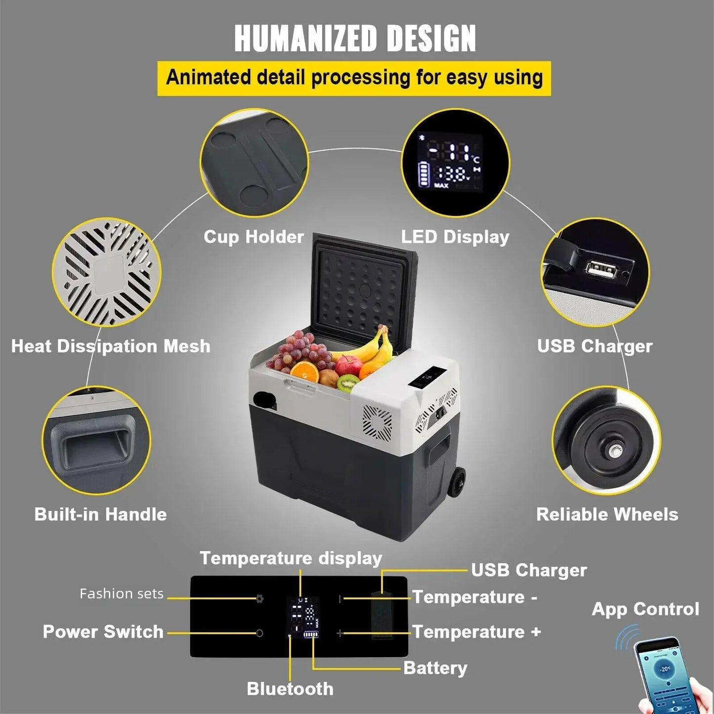 Auto Koelkast - Koelbox - Mini Koelkast - Draagbare - 50L - 53QT - 12V/24V/220V - met Compressor - Mini Fridge - Perfect voor Camping, Auto en Outdoor Gebruik