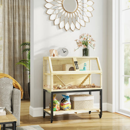 Houten Dierenkooi – Hamsterkooi – Knaagdierkooi – Kleine Huisdierkooi – Ruime Kooi Met Twee Verdiepingen – Vier Wieltjes – Opbergruimte - 87 x 43 x 101 cm - Geel - QUORE