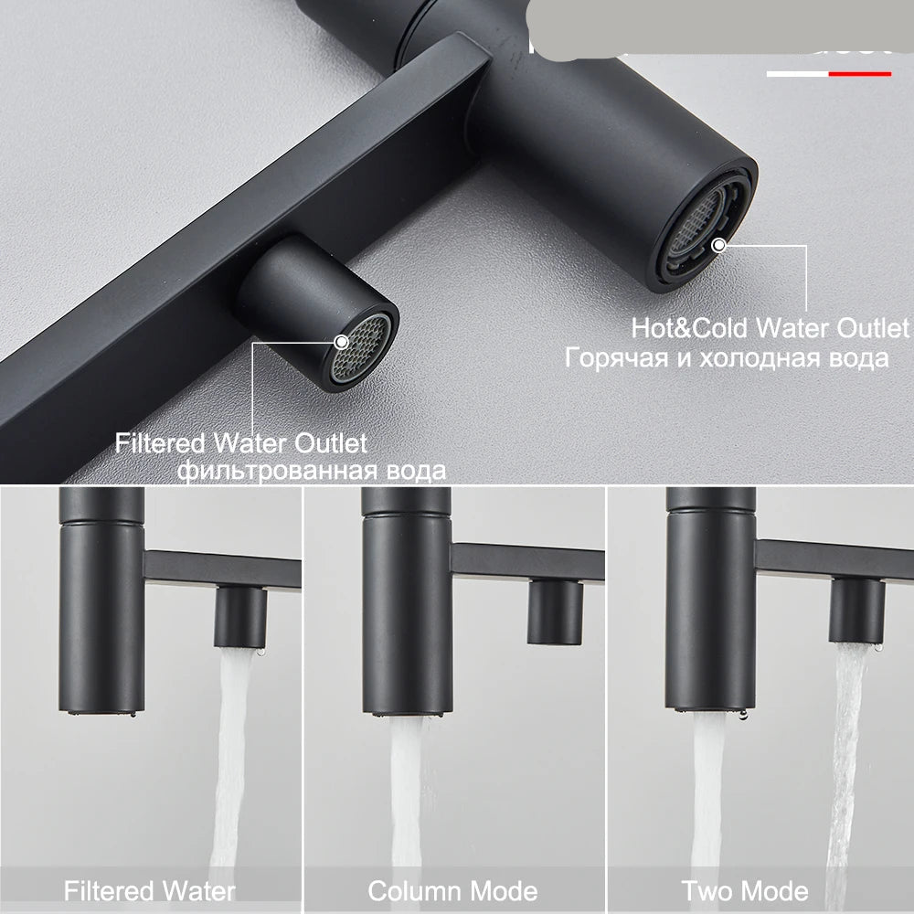 Keukenmengkraan - met Uittrekbare Uitloop – Keukenkraan - Dual Handle en Gefilterd Water - Koud en Warmwaterkraan - Uittrekbare Sproeikop - Matzwart