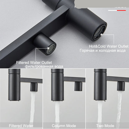 Keukenmengkraan - met Uittrekbare Uitloop – Keukenkraan - Dual Handle en Gefilterd Water - Koud en Warmwaterkraan - Uittrekbare Sproeikop - Matzwart