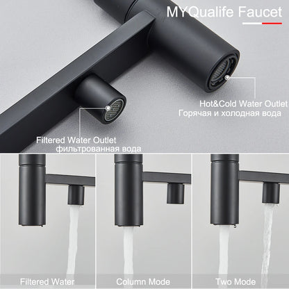 Keukenmengkraan - met Uittrekbare Uitloop – Keukenkraan - Dual Handle en Gefilterd Water - Koud en Warmwaterkraan - Uittrekbare Sproeikop - Zilvergrijs