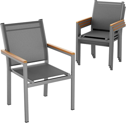 Tuinstoelen – Stapelbare Stoelen – Tuinmeubilair – Buitenstoelen – Aluminium Frame – Ademend Textilene – Weerbestendig - Set van 4 - Grijs