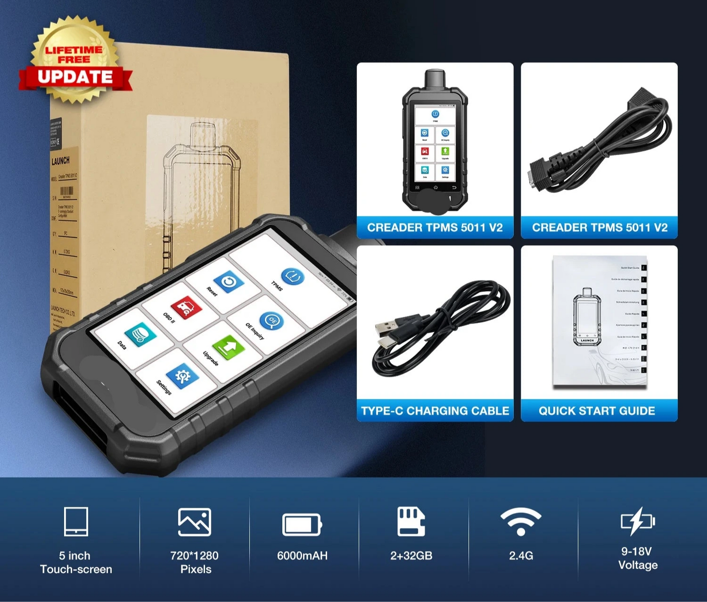 TPMS Diagnosetool – Bandenspanning Meter – Sensor Resetter – OBD-II Scanner – Android Systeem – 5 Inch Scherm – 12 Resetfuncties