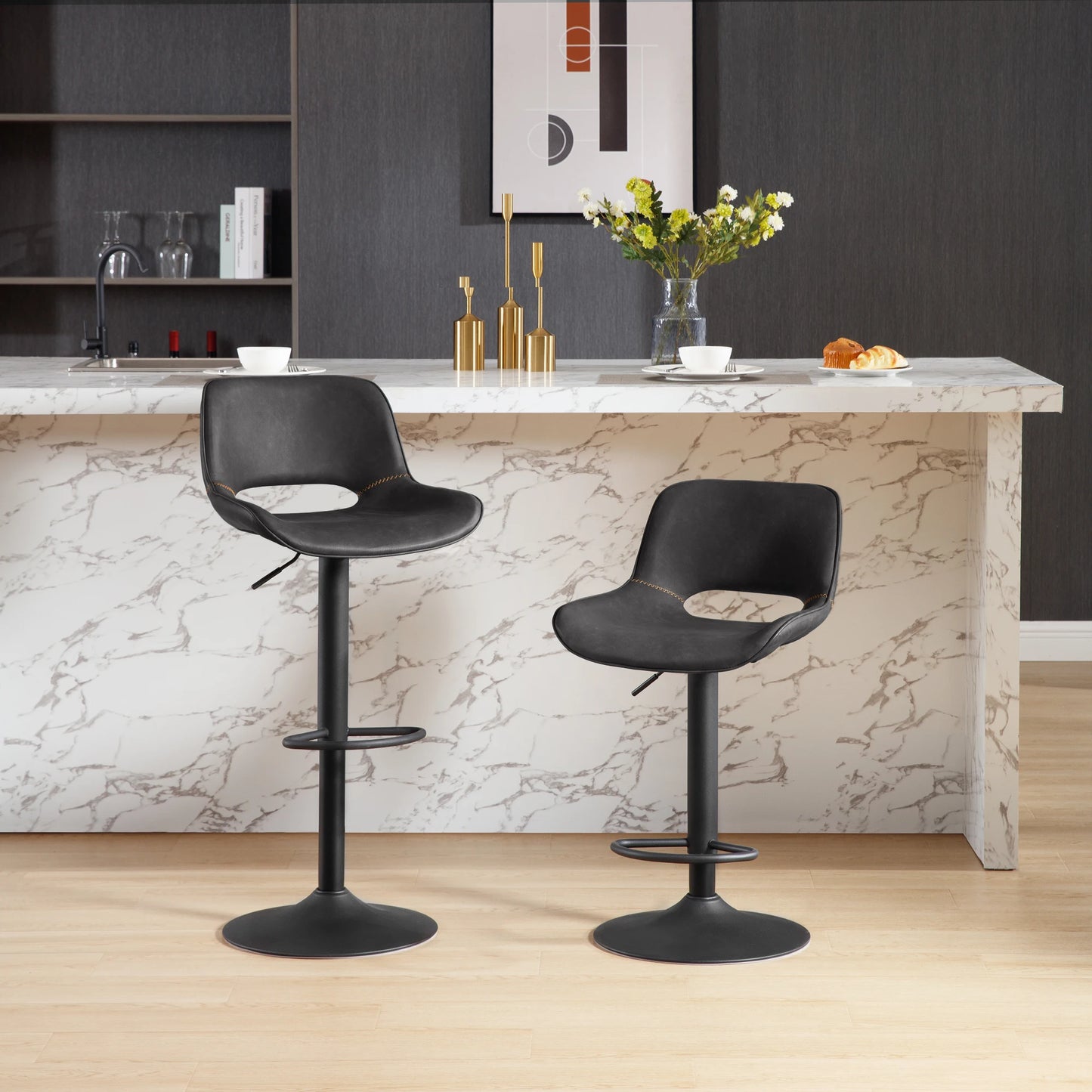 Barkrukken – Set van 2 - Barstoel – Keuken Kruk – Verstelbaar – Vintage Kunstleer – Metalen Frame - Antraciet