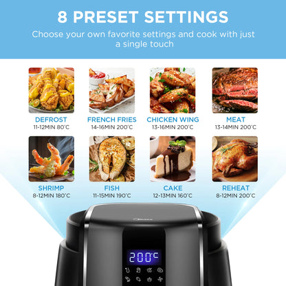 Digitale Airfryer - PFAS vrij - Groot 4 Liter - Heteluchtfriteuse - Zwart - Digital screen - 8 Voorinstellingen - Inclusief in hoogte verstelbaar Grillrack - 1500W - 35-200°C - voor Bakken, braden, grillen, ontdooien, schudalarm