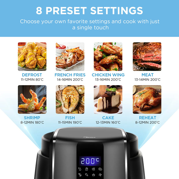 Digital Airfryer - PFAS free - Large 4 Liter - Hot air fryer - Black - Digital screen - 8 Presets - Including height-adjustable Grill rack - 1500W - 35-200°C - for baking, roasting, grilling, defrosting, shaking alarm