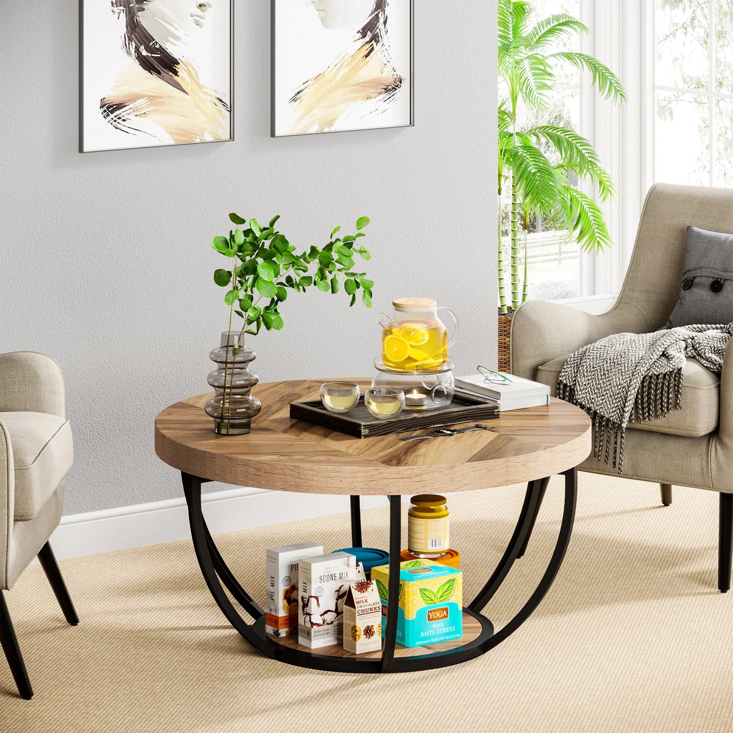 Ronde Salontafel – Bijzettafel – Koffietafel – Woonkamertafel – Houten Tafel – 80 Cm Diameter – Stevige Metalen Poten - Grijs en Zwart - QUORE