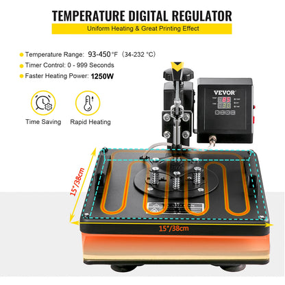 15x15 Inch 8-in-1 Hittepersmachine - 360° Draaibaar - LED Display - Sublimatie Transferpers voor Mokken, T-shirts & Meer - 1250W - Zwart