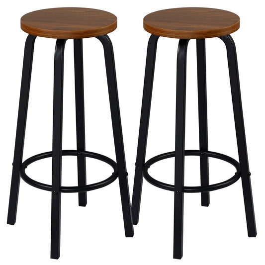 Set van 2 Barstoelen - Barkruk - Barstoel - Barkrukken - MDF Zitting & Metalen Poten - Geschikt voor Ontbijtbar, Keuken & Horeca - Ronde - Donker Beuken