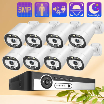 Techage 8CH 5MP POE CCTV IP Camera System Security Smart AI Face Detect 2-Way Audio Video Protection Surveillance Camera Outdoor
