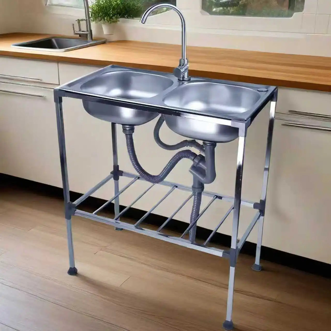 Dubbele Waskom RVS – Dubbele Spoelbak – Vaatbak RVS – Keukenspoelbak – Vrijstaande Spoelbak – Roestvrij Staal – 75x40x83 cm – Mengkraan Warm & Koud