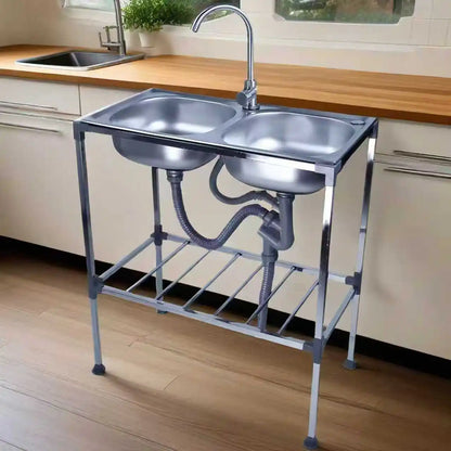 Dubbele Waskom RVS – Dubbele Spoelbak – Vaatbak RVS – Keukenspoelbak – Vrijstaande Spoelbak – Roestvrij Staal – 75x40x83 cm – Mengkraan Warm & Koud