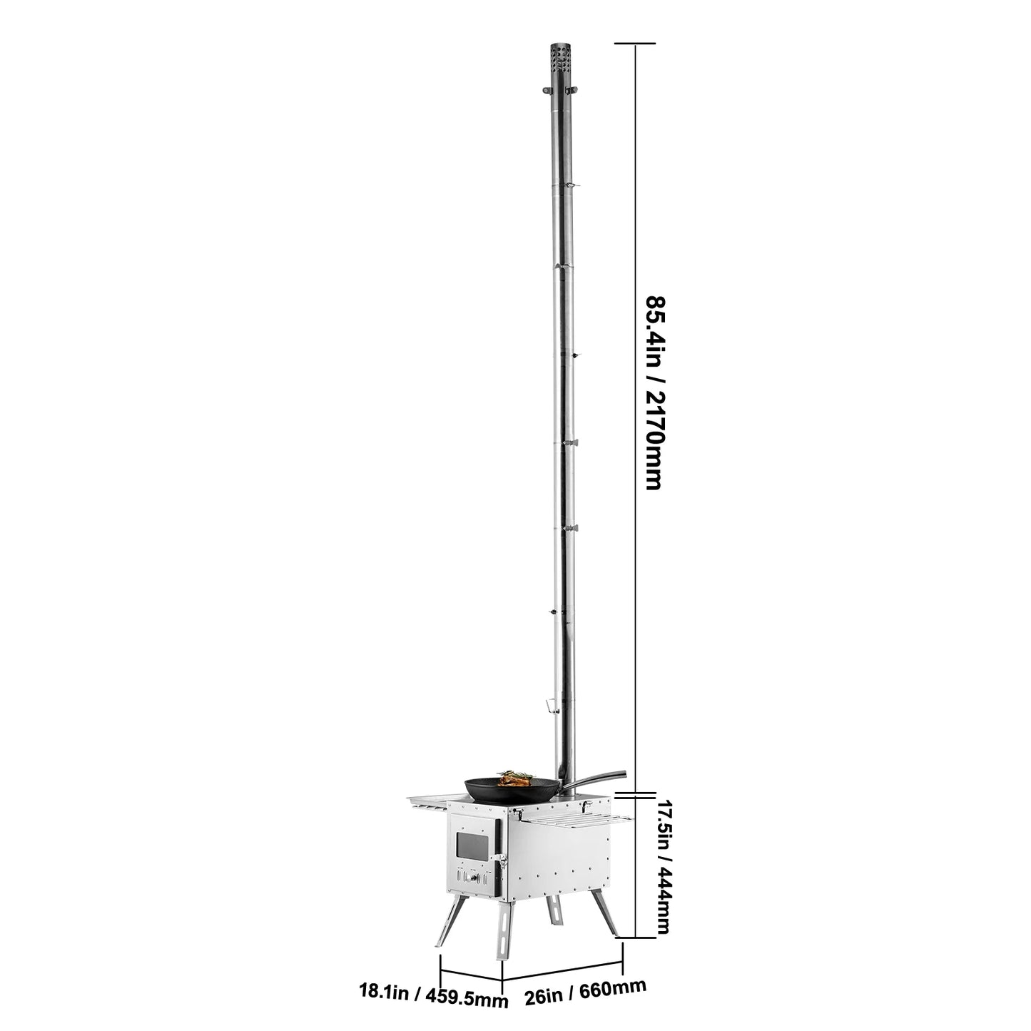 Houtkachel - Veranda Kachel - Draagbaar Houtkachelfornuis - Survival Firewood Stove - Camping Kachel - met Schoorsteenpijpen - Handschoenen - RVS - 45 x 66 cm - Zilver - QUORE