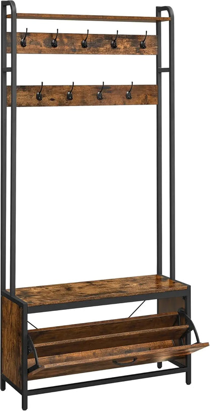 Multifunctionele Kapstok met Schoenenkast en Bank - 9 Haken - Opbergrek voor Hal - Vintage Bruin en Zwart Design - Robuuste Stabiele Kledingstandaard met Plank en Vouwcompartiment