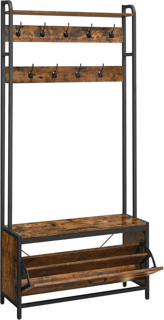 Multifunctionele Kapstok met Schoenenkast en Bank - 9 Haken - Opbergrek voor Hal - Vintage Bruin en Zwart Design - Robuuste Stabiele Kledingstandaard met Plank en Vouwcompartiment