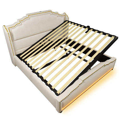 Tweepersoonsbed – Bed – Ledikant – Slaapbank – Opbergbed – Beige Velvet 140x200 cm – Hydraulische Opbergruimte – LED-Verlichting en USB-C Oplaadpoort