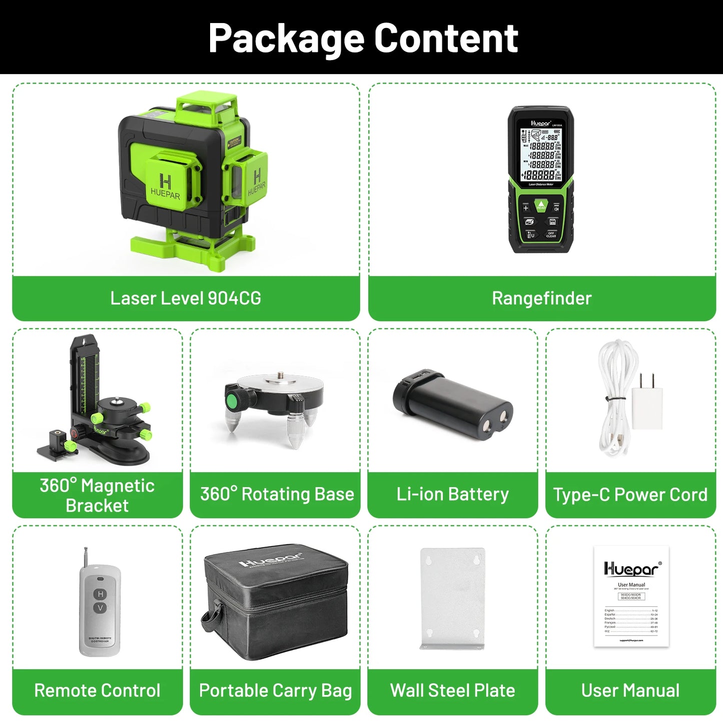 Huepar 904DG 16 Lines Laser Level With 100M Rangefinder 4D Green Beam Cross Line Laser Tools With Remote Control For Tiles Floor