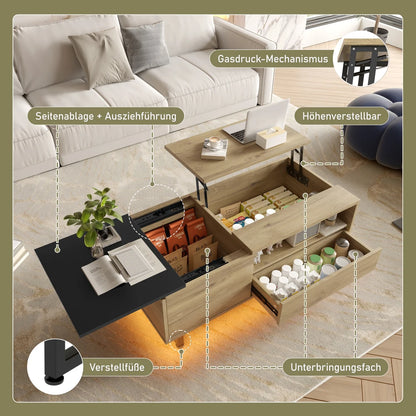 Verstelbare Salontafel – Coffee Table – Bijzettafel – Opbergtafel – Tafeltje – Met LED Vloerlamp – Met Veel Opbergruimte