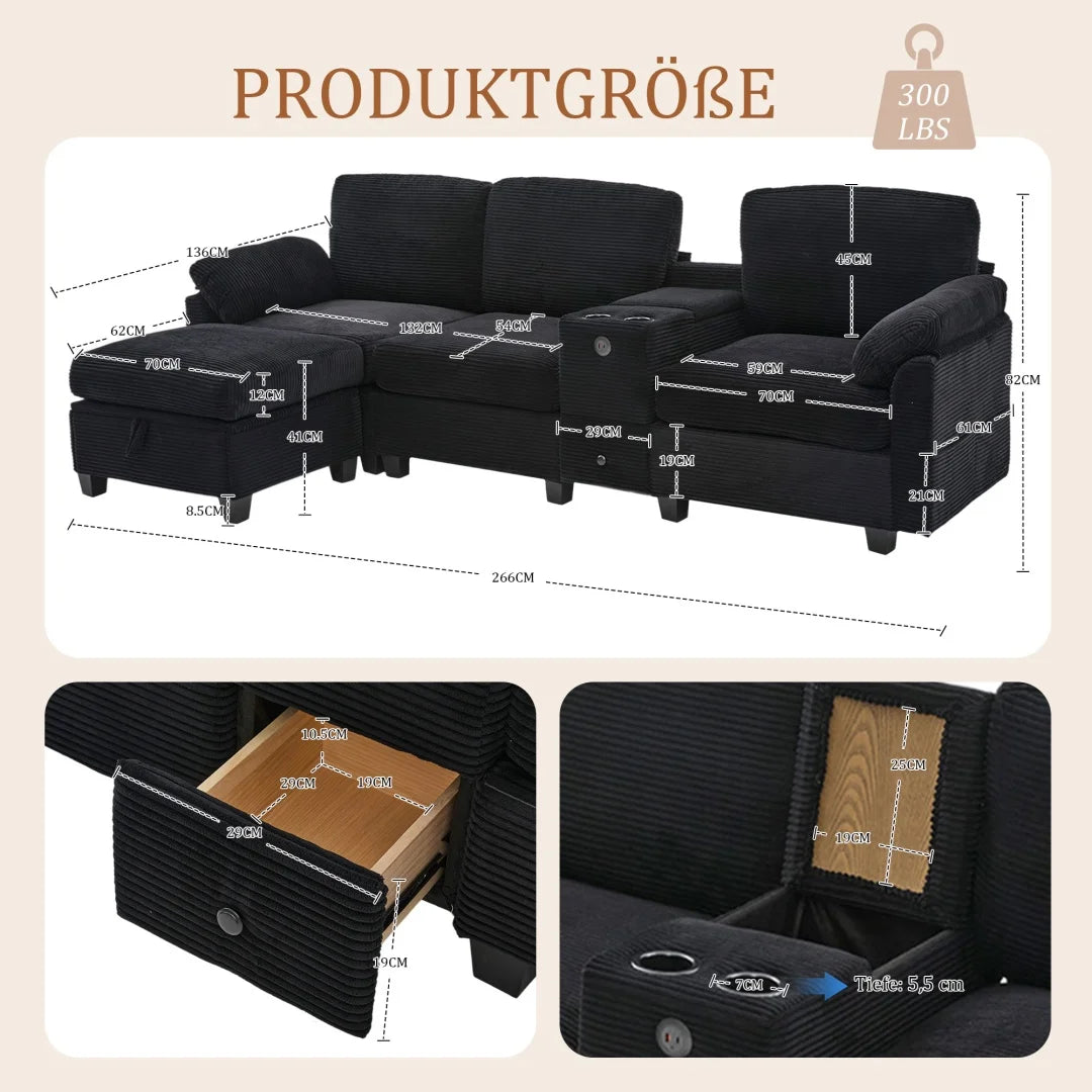 3-Persoonsbank – Driezitsbank – Zithoek – Bankstel – Sofa – Comfortabel Schuim – Afneembare Middenconsole Met Usb-C Aansluiting