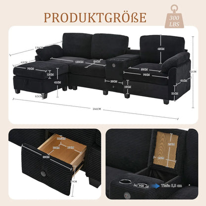 3-Persoonsbank – Driezitsbank – Zithoek – Bankstel – Sofa – Comfortabel Schuim – Afneembare Middenconsole Met Usb-C Aansluiting