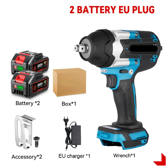 Slagmoersleutel - Slagschroevendraaier - Slagmoermachine -  Slagmoersleutel met Accu - Slagmoersleutel Elektrisch -  1800NM - 1/2" - Draadloze Impact Schroevendraaier met 2 Batterijen en EU-Stroomadapter (Zonder Accessoires)