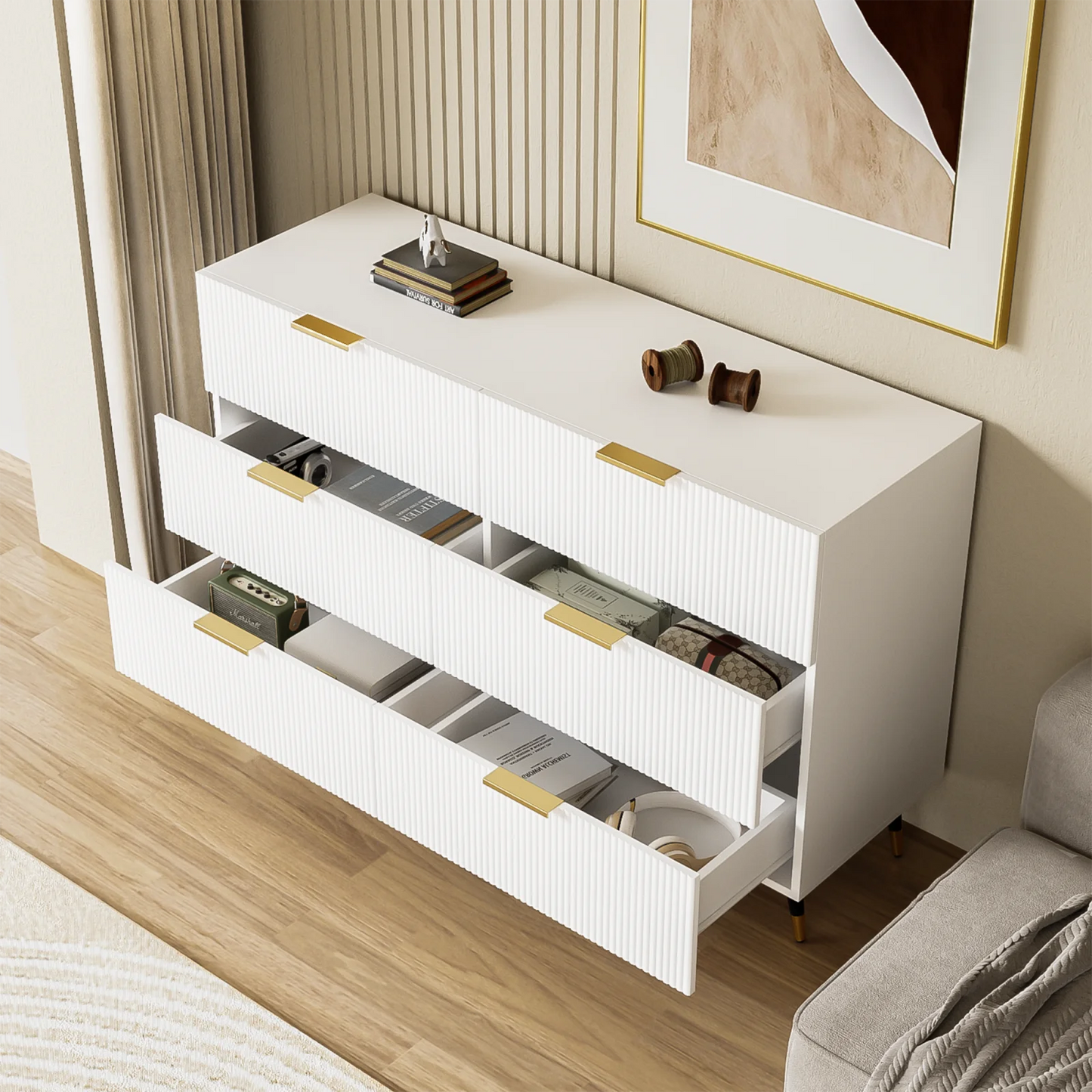 Dressoir – Ladekast – Opbergkast – Kast – Buffetkast – Modern Minimalistisch Ontwerp – 120x77x40 cm – 6 Ruime Lades – Wit Met Gouden Accenten