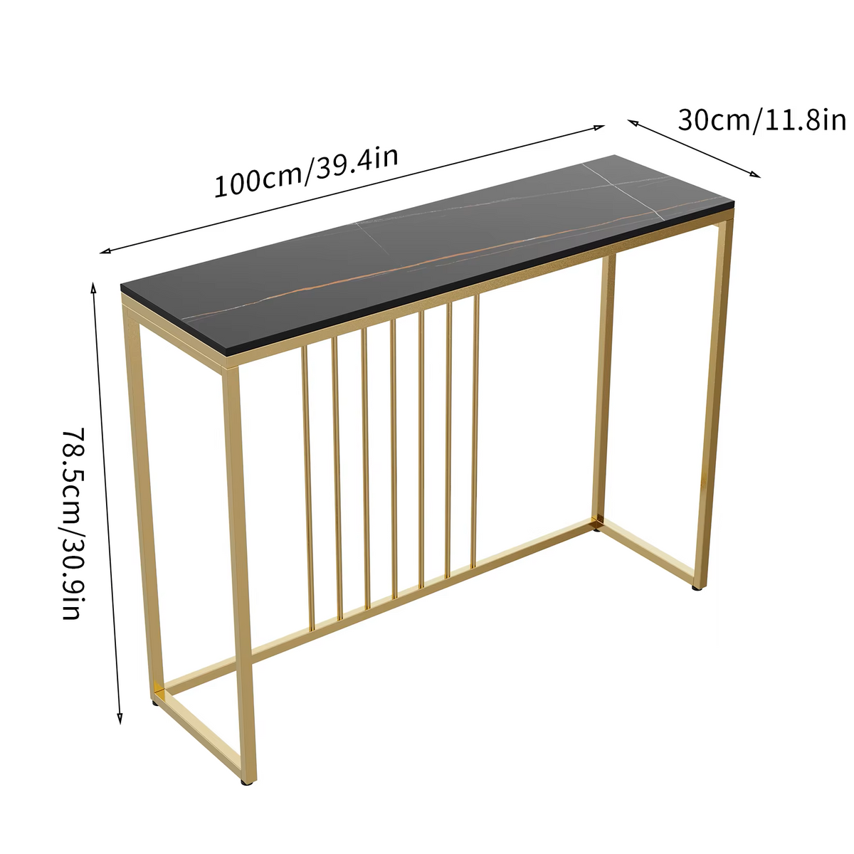 Tafel - Consoletafel - Haltafel - Moderne & Minimalistisch Consoletafel – Marmeren Look – Smalle Haltafel met Gouden Metaal Frame – Luxe Bijzettafel - voor Woonkamer - Gang - Entree - 100x30x78.5cm - Wit - QUORE