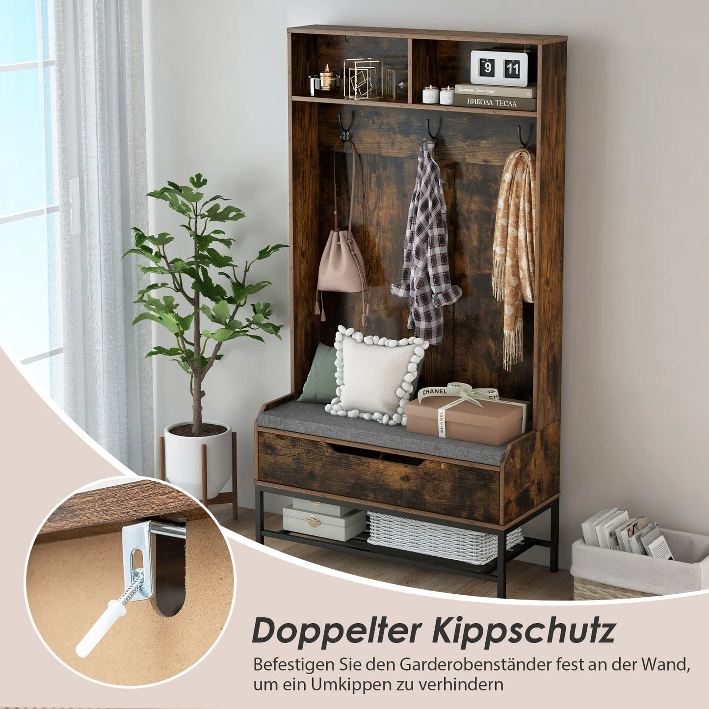 4-in-1 Kapstok met Zitbank – Garderoberek met Open Vakken - Schoenenkast en 3 Haken – Halgarderobe met Zitkussen – 90 x 38,5 x 170 cm