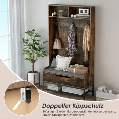 4-in-1 Kapstok met Zitbank – Garderoberek met Open Vakken - Schoenenkast en 3 Haken – Halgarderobe met Zitkussen – 90 x 38,5 x 170 cm