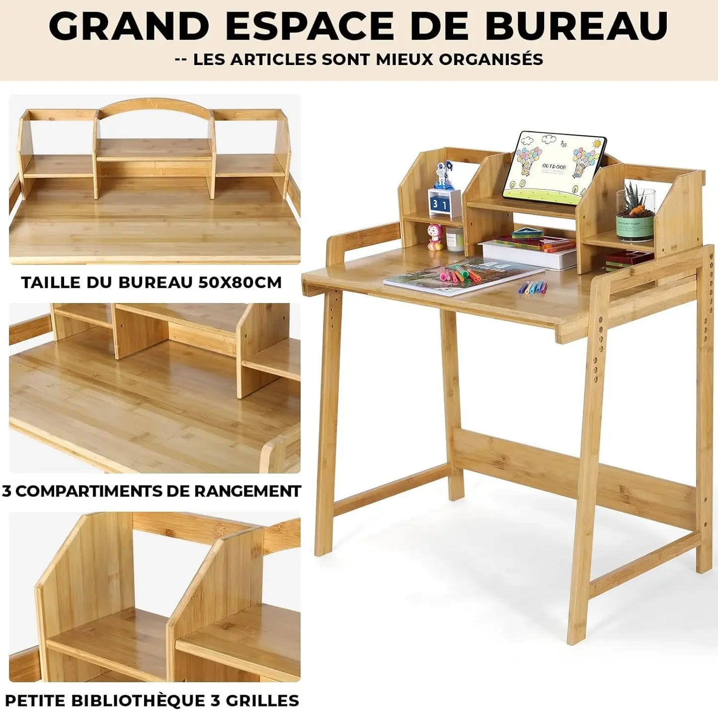 Kinderbureau met Stoel – Verstelbare Kindertafel en Kinderbureaustoel – Met Opbergruimte – Bamboe – 95x80x50 cm – Geschikt voor Kinderen van 3 tot 10 Jaar