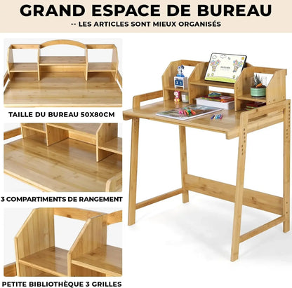 Kinderbureau met Stoel – Verstelbare Kindertafel en Kinderbureaustoel – Met Opbergruimte – Bamboe – 95x80x50 cm – Geschikt voor Kinderen van 3 tot 10 Jaar