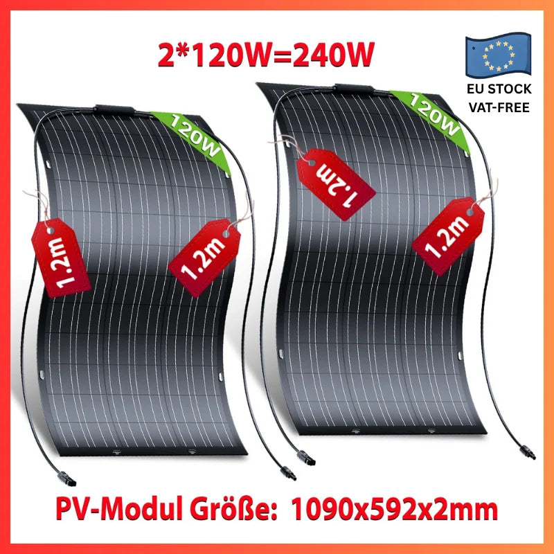 Zonnepaneel – Solar Panel – Zonnepanelen – Flexibel Zonnepaneel – Zonne-energie – 240W (2x120W) – Hoog Rendement 18,6% – Waterbestendig IP67 - QUORE