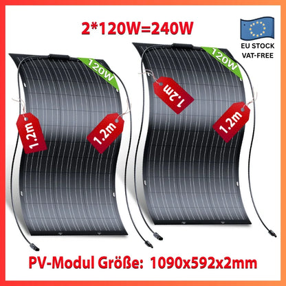Zonnepaneel – Solar Panel – Zonnepanelen – Flexibel Zonnepaneel – Zonne-energie – 240W (2x120W) – Hoog Rendement 18,6% – Waterbestendig IP67 - QUORE