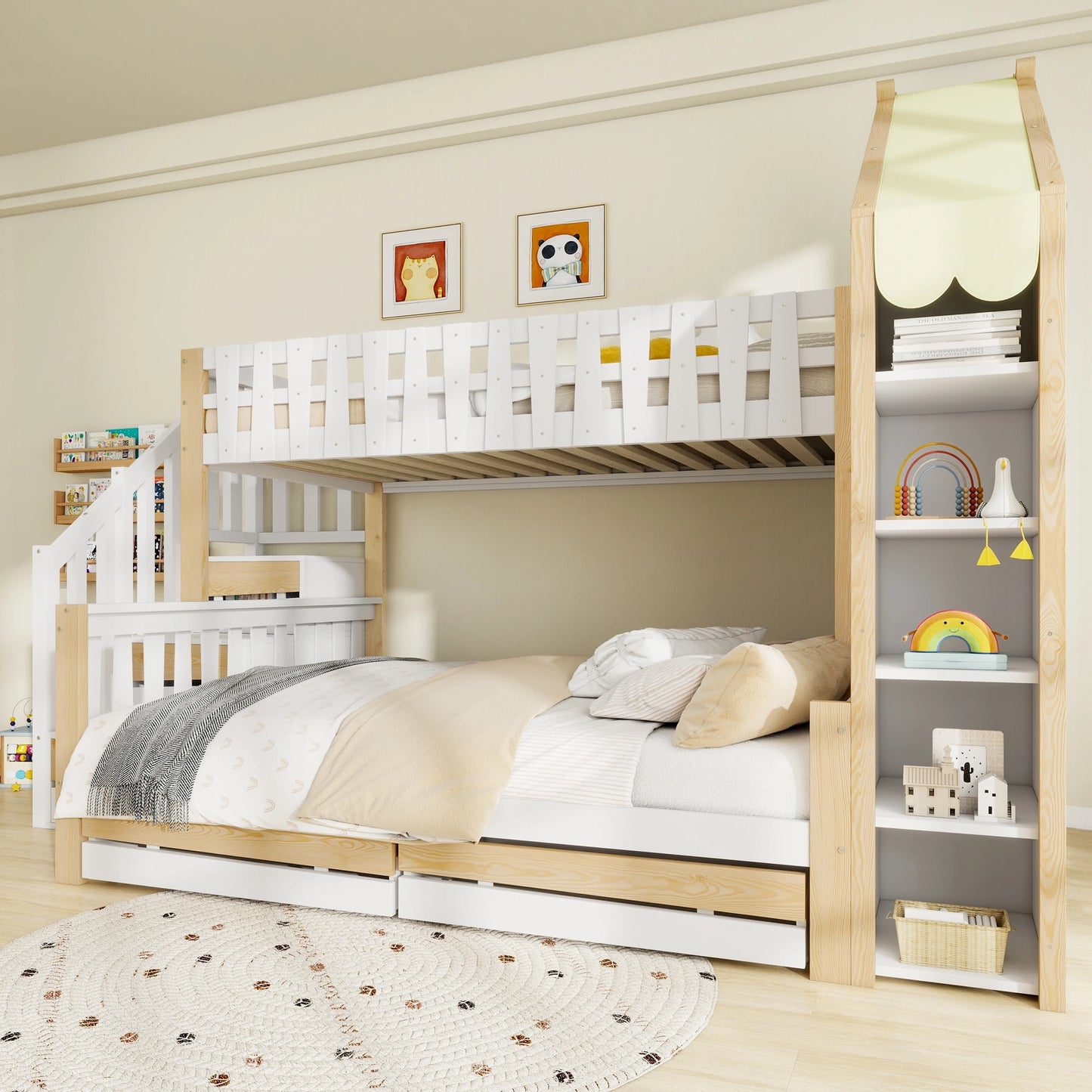 Hoogslaper – Stapelbed – Kinderbed – Mezzaninebed – Zolderbed – Tweepersoonsbed 90x200 & 140x200 cm – Massief Houten Frame – Met Ladder & 2 Opberglades – Zonder Matras
