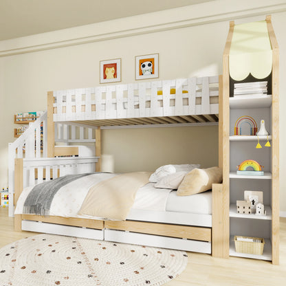 Hoogslaper – Stapelbed – Kinderbed – Mezzaninebed – Zolderbed – Tweepersoonsbed 90x200 & 140x200 cm – Massief Houten Frame – Met Ladder & 2 Opberglades – Zonder Matras