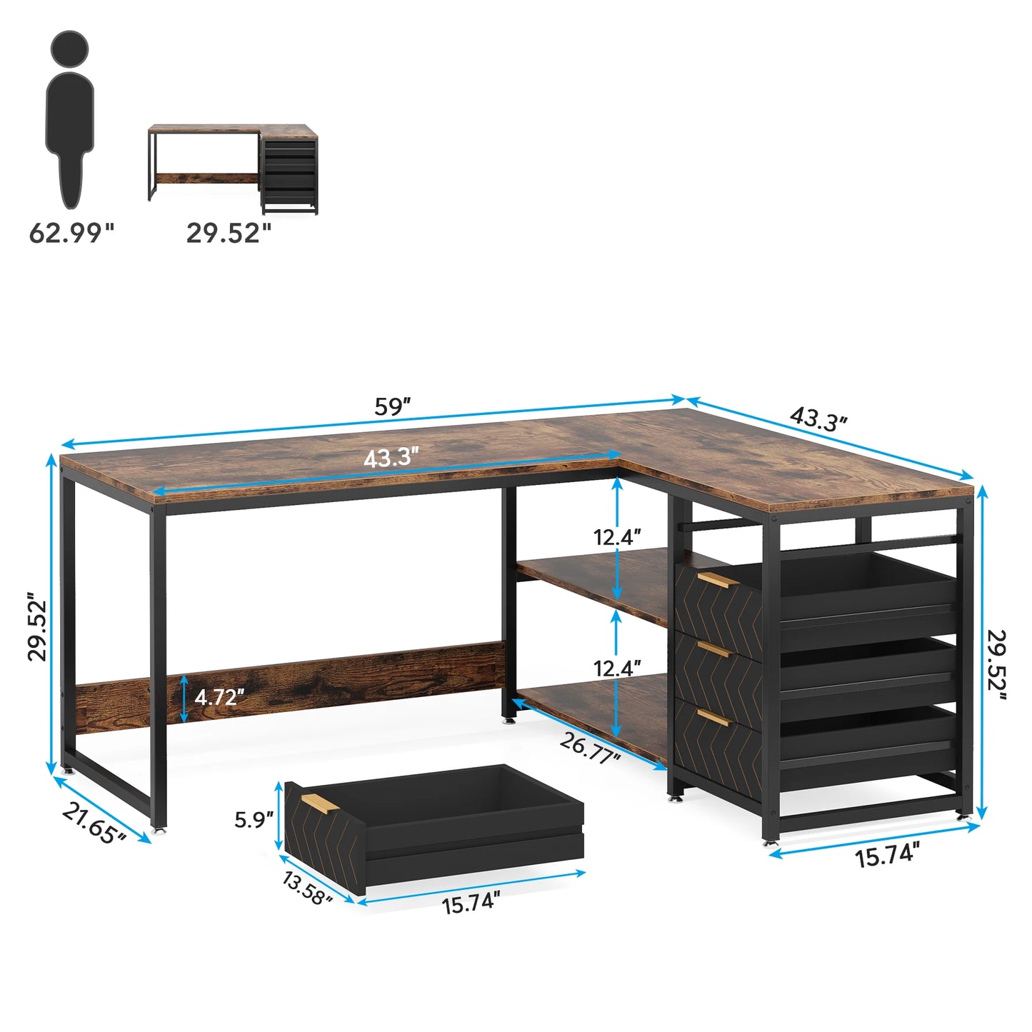 Game Bureau - Bureau - Hoekbureau - Game Bureau - 59" - L-vormige Computertafel - met Opberglades - Reversibel Kantoor- & Studiobureau - met Planken - Chocolade