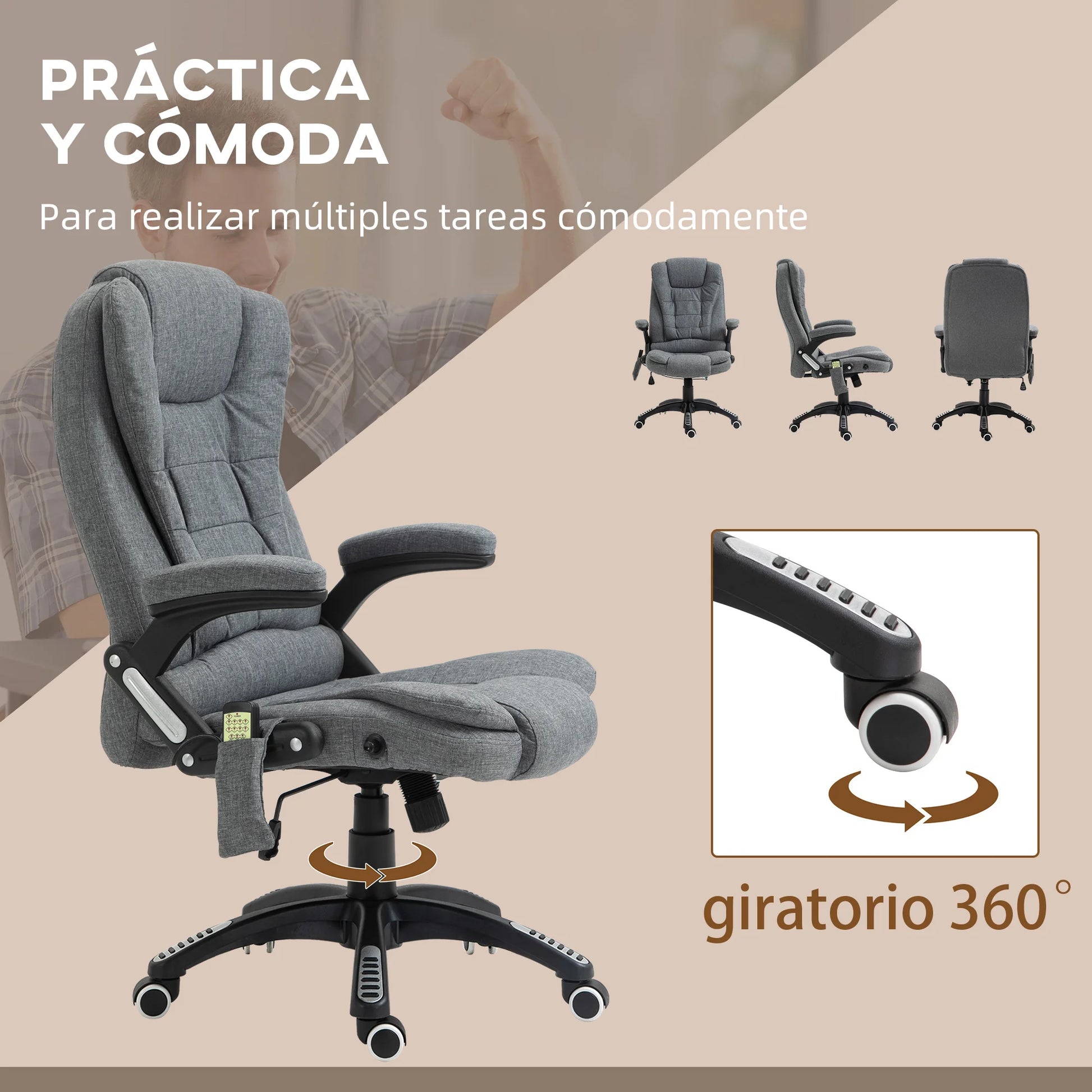 Massage Bureaustoel – Bureaustoel Met Massage – Massagestoel Office – Ergonomische Werkstoel – Bureaustoel Met Verwarming – 6 Massagepunten – Verstelbare Rugleuning Tot 130° - Grijs - QUORE