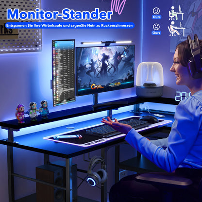 2-in-1 L-vormige Bureautafel – Hoekbureau – Gametafel – Werkplek Bureau – Thuiswerkbureau – Verstelbaar 140x140 / 230 cm – Ergonomische Monitortray – Geïntegreerde Power Hub - QUORE
