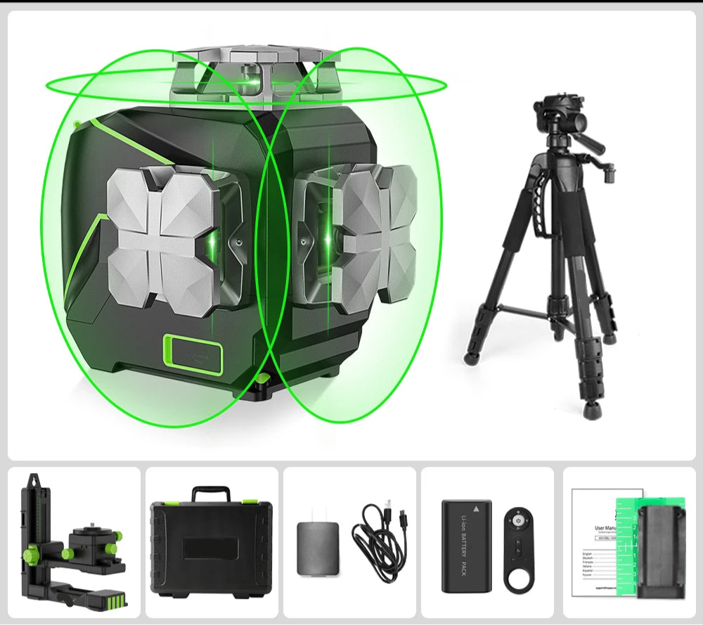 3D Cross Line Laser Waterpas – Laser Waterpas – Zelfnivellerend – Groen Licht – Bluetooth Connectiviteit – IP54 Bescherming – Oplaadbare Batterij - Statief