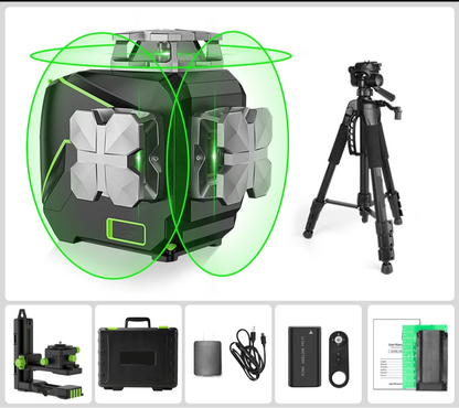 3D Cross Line Laser Waterpas – Laser Waterpas – Zelfnivellerend – Groen Licht – Bluetooth Connectiviteit – IP54 Bescherming – Oplaadbare Batterij - Statief