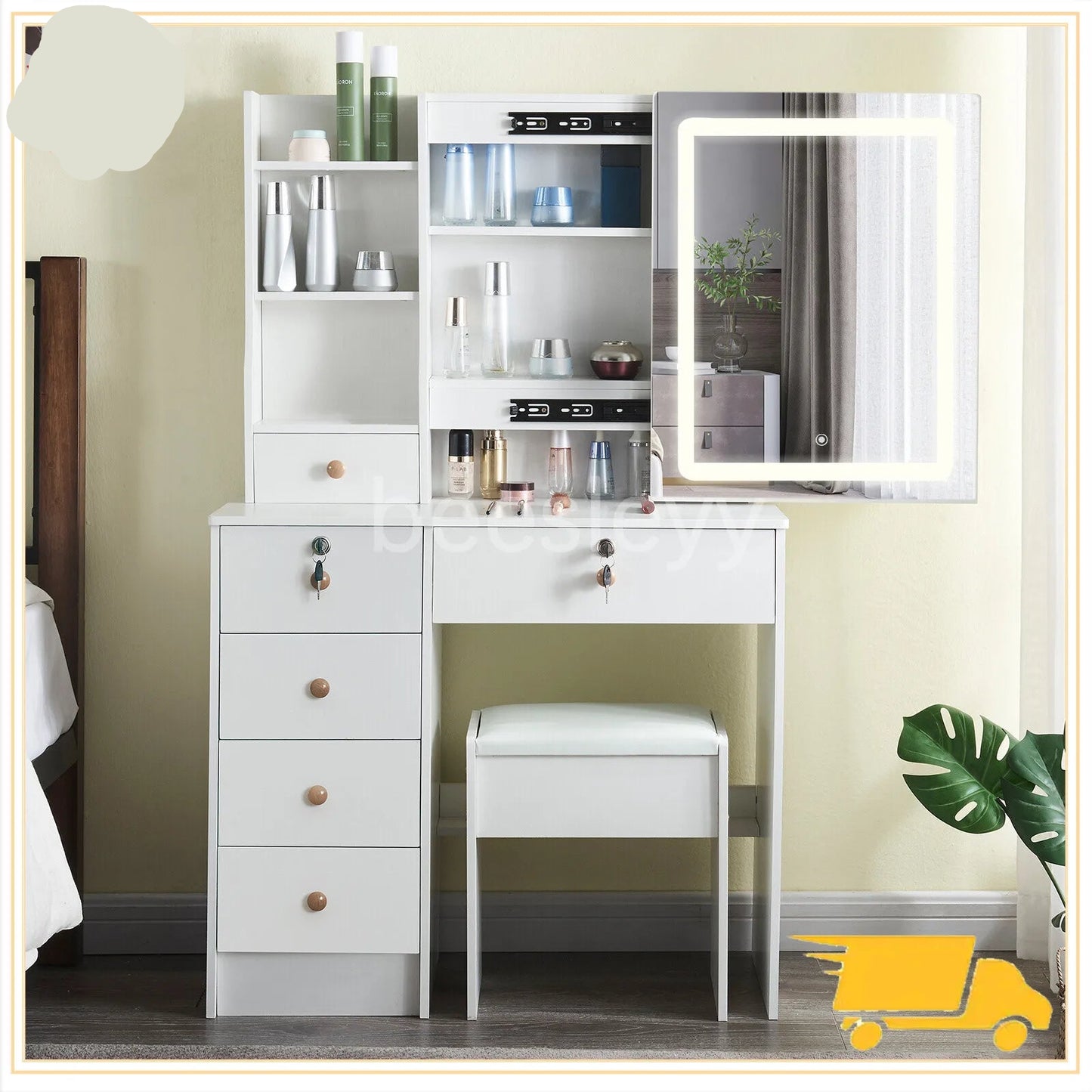 Kaptafel – Make-uptafel – Schminktisch – Vanity – Dressoir – Wit – Met Dimbare LED-Verlichting – Inclusief Comfortabele Kruk