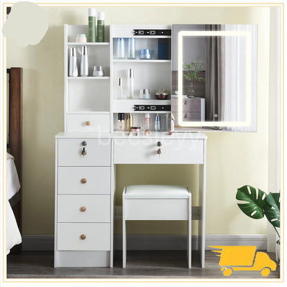 Kaptafel – Make-uptafel – Schminktisch – Vanity – Dressoir – Wit – Met Dimbare LED-Verlichting – Inclusief Comfortabele Kruk
