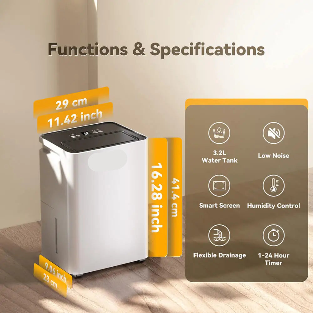 Luchtontvochtiger - Luchtreiniger - Draagbare - 35dB - 3.2L - Energiezuinig - Smart Touch Panel - Automatische Uitschakeling - met Ventilator - voor Thuis - en Kantoorgebruik - Wit